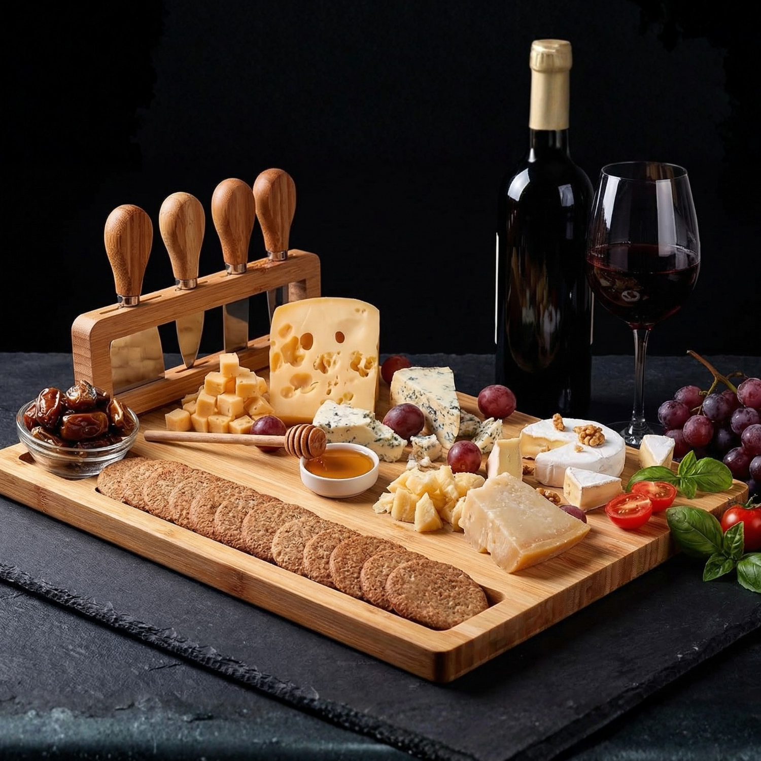 Bamboo Charcuterie Board with Vertical Cheese Knife Set – Premium Cheese Board Serving Tray for Wine & Entertaining