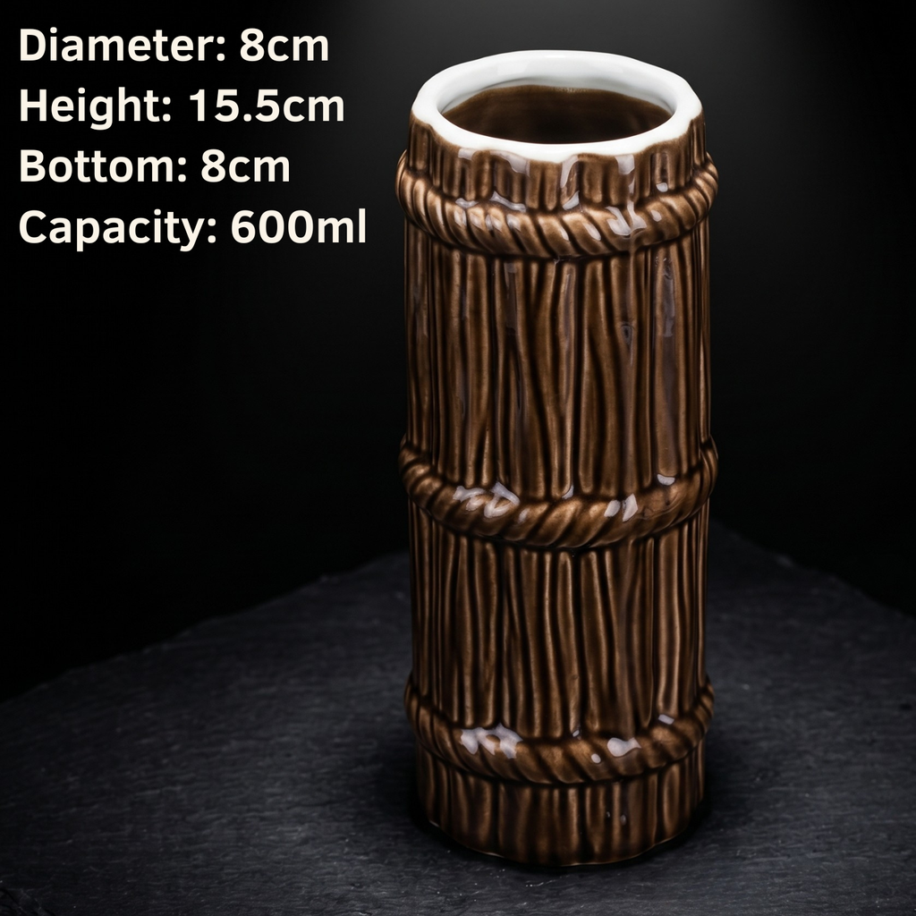 Tiki bamboo mug: 8cm diameter, 15.5cm height, 600ml capacity; dark brown ceramic