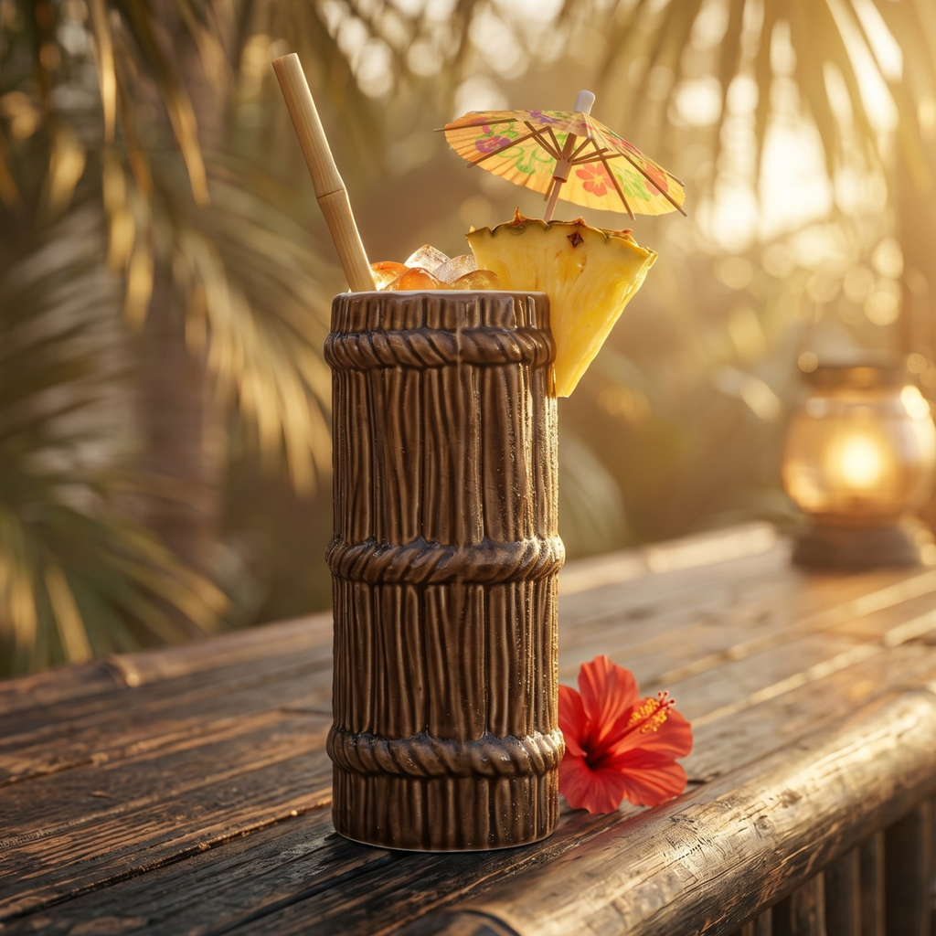 Dark brown bamboo-style tiki mug with straw and small paper umbrella on top