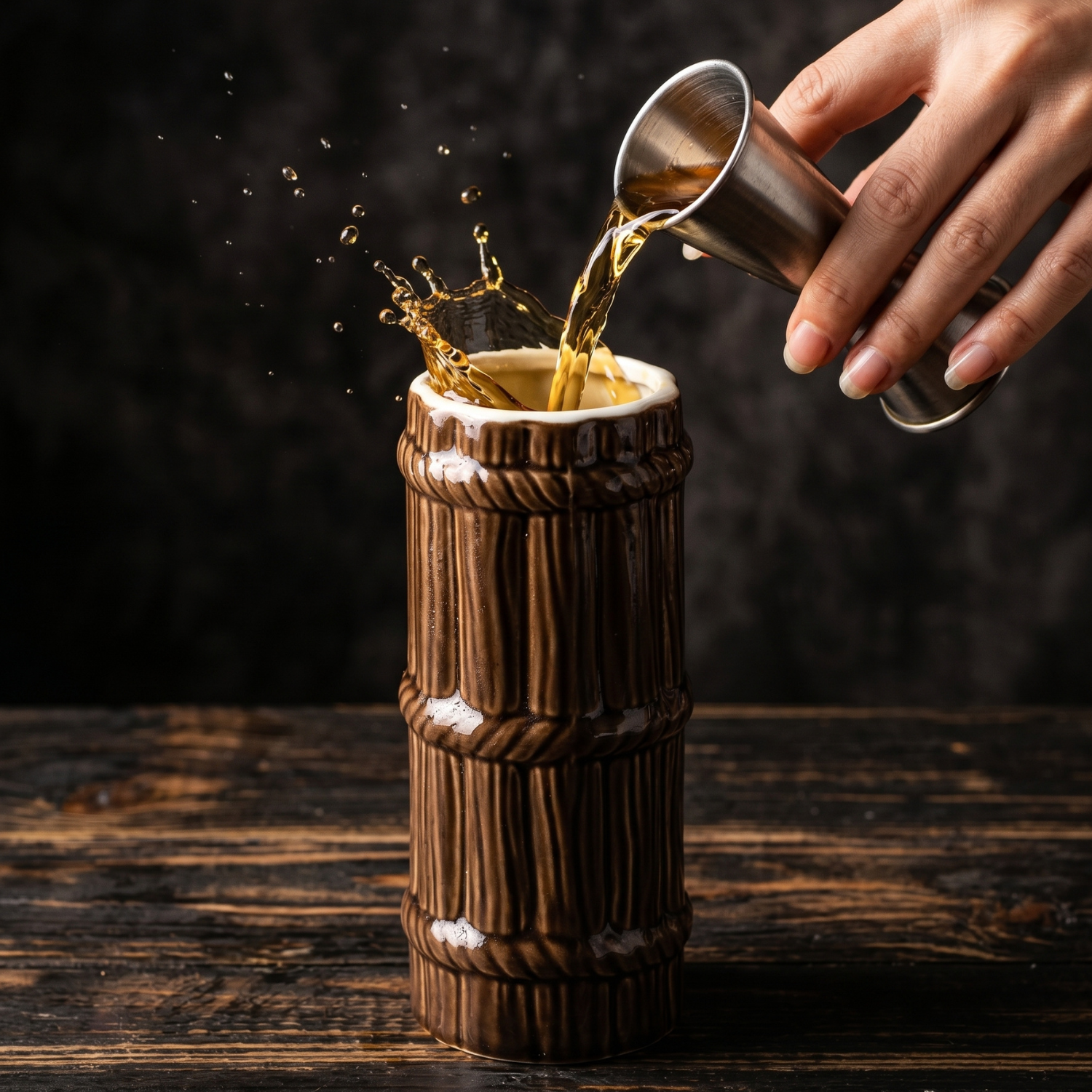 Tiki bamboo ceramic mug with white drip accents as golden drink is poured in