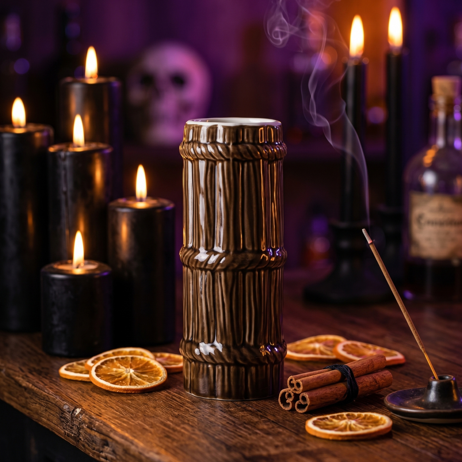 Tall dark brown tiki bamboo mug with white accents and open top