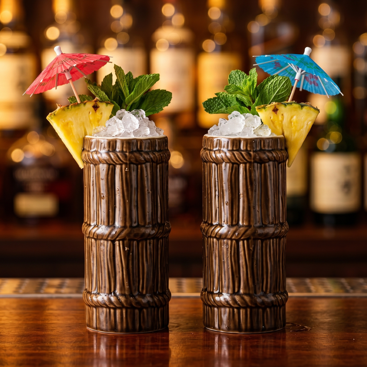 Pair of dark brown bamboo-style tiki mugs with crushed ice and small drink umbrellas