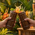 Set of two dark bamboo-style tiki mugs with ridged sides, held in hands