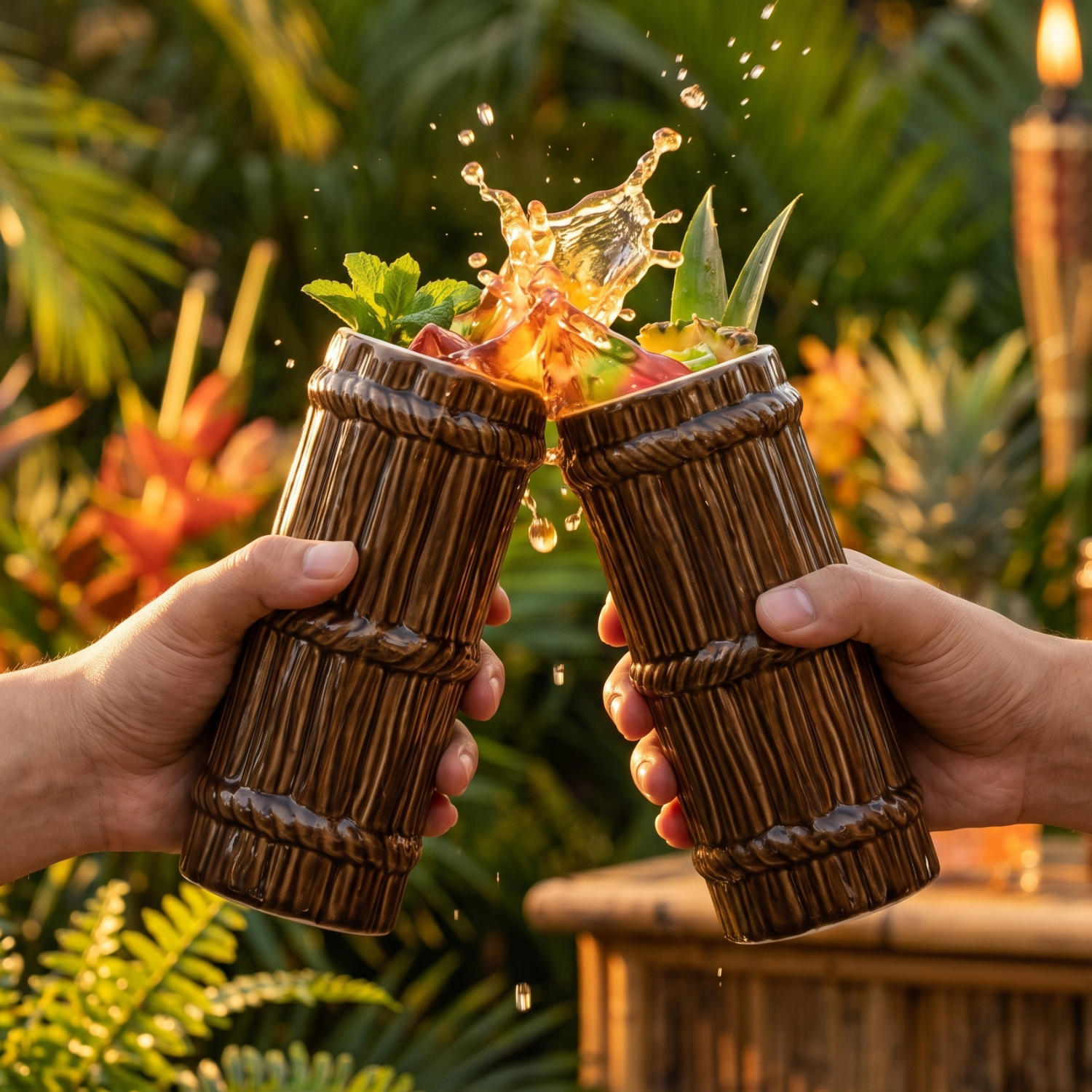 Set of two dark bamboo-style tiki mugs with ridged sides, held in hands