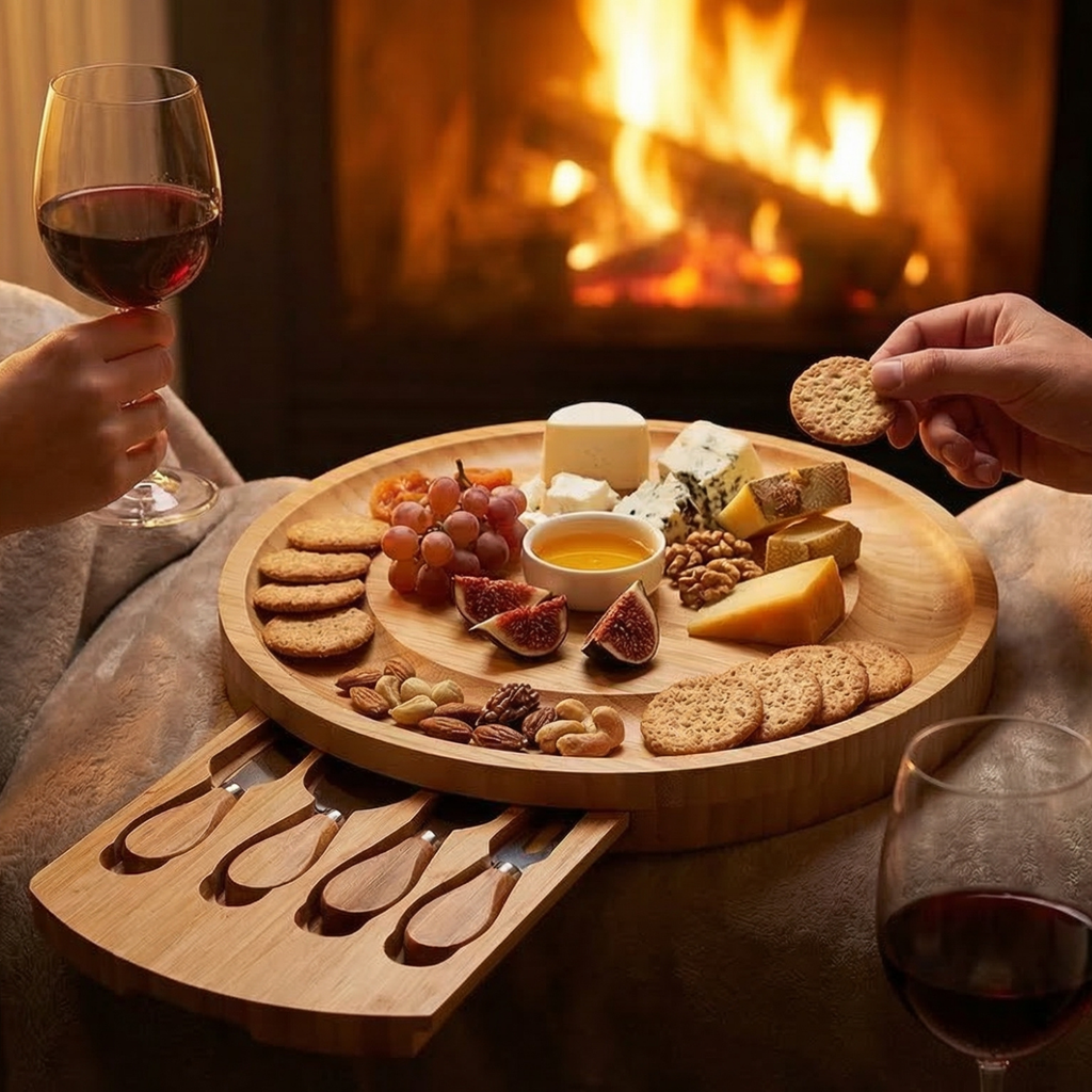 People enjoying a cheeseboard with wine in front of a fireplace