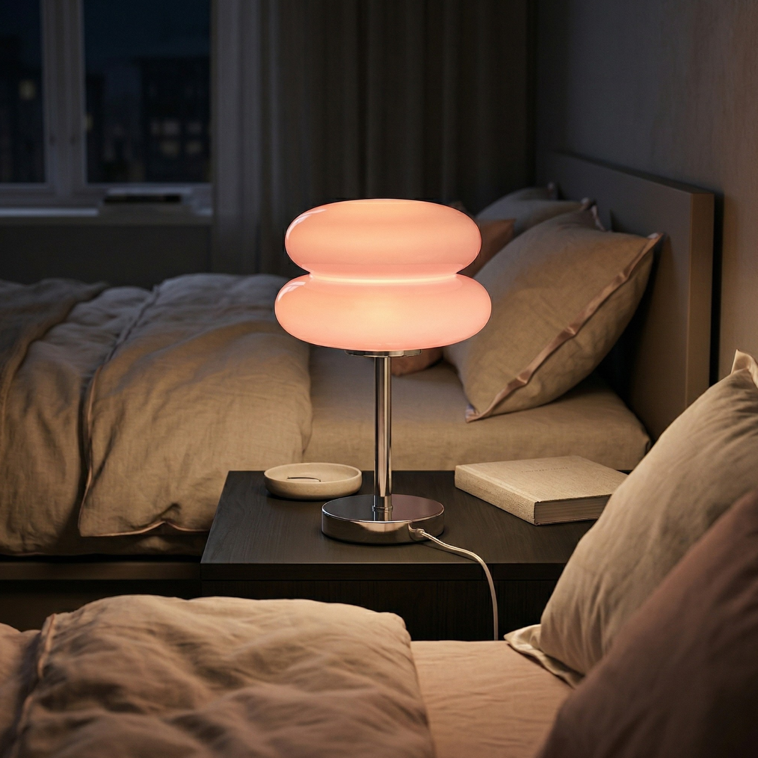 Bauhaus Glass Mushroom Table Lamp – Modern LED Ambient Night Light, USB Rechargeable Dimmable Desk Lamp (White, Pink, Orange)