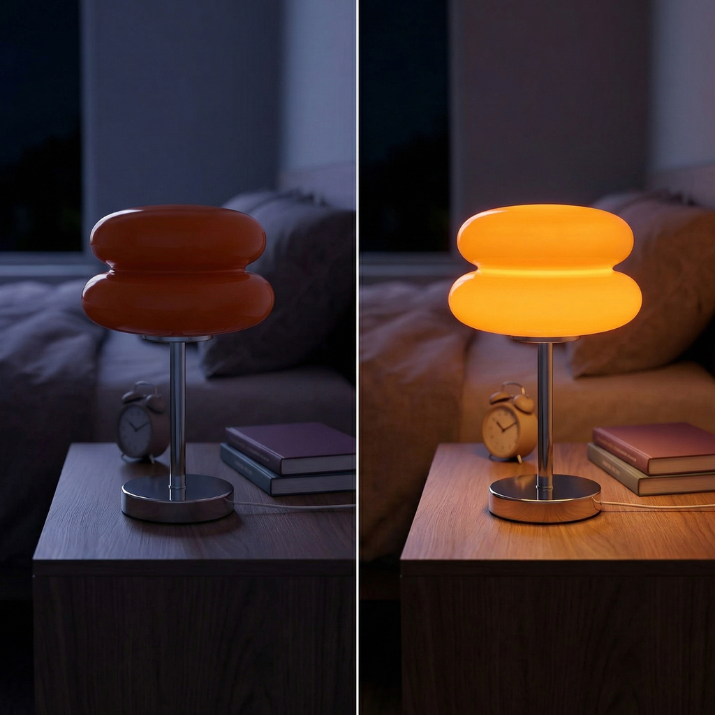 Table lamp on a nightstand with and without light, showing its functionality.