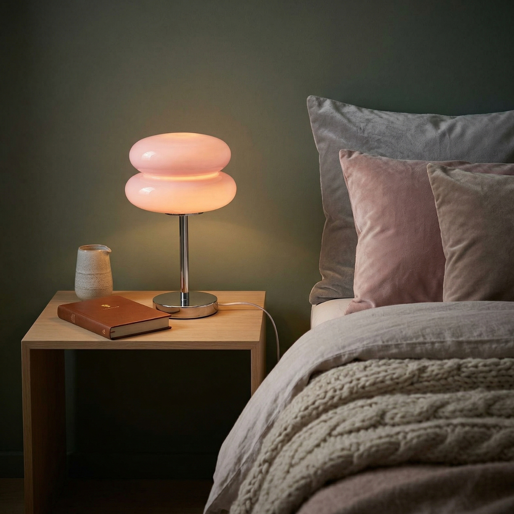 Pink table lamp on a wooden nightstand next to a bed with pillows and blankets.