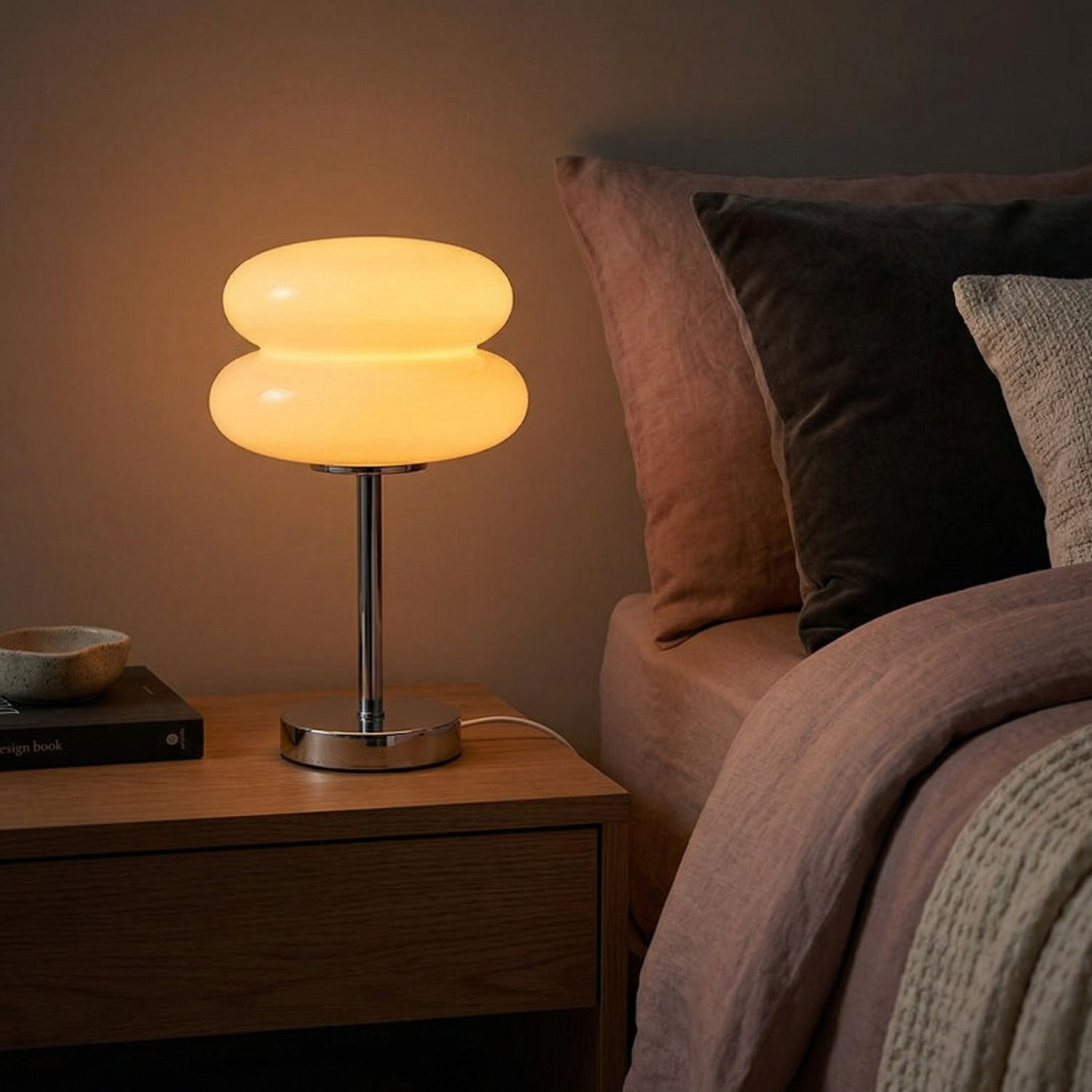 Bauhaus Glass Mushroom Table Lamp – Modern LED Ambient Night Light, USB Rechargeable Dimmable Desk Lamp (White, Pink, Orange)