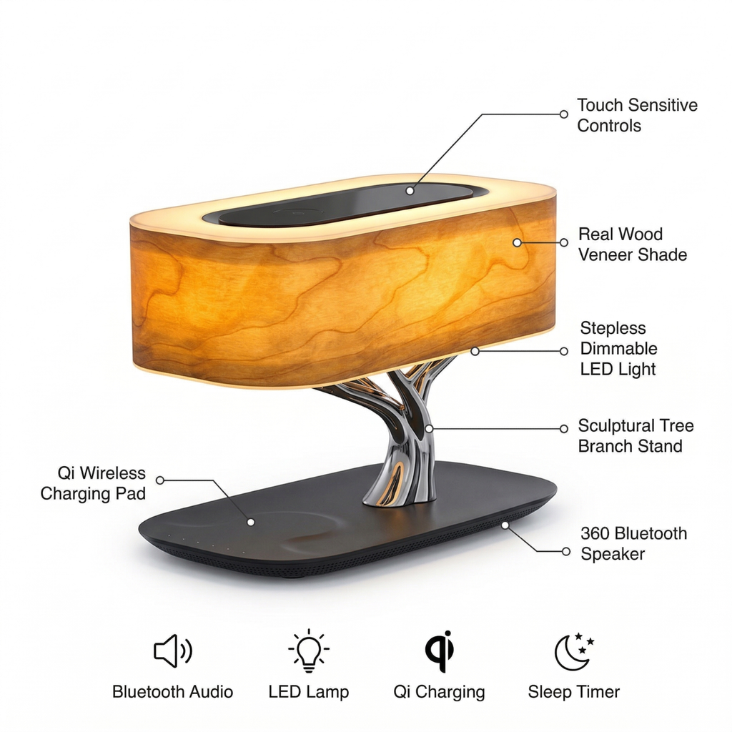 3-in-1 bedside lamp features: Bluetooth audio, LED light, and Qi wireless charging