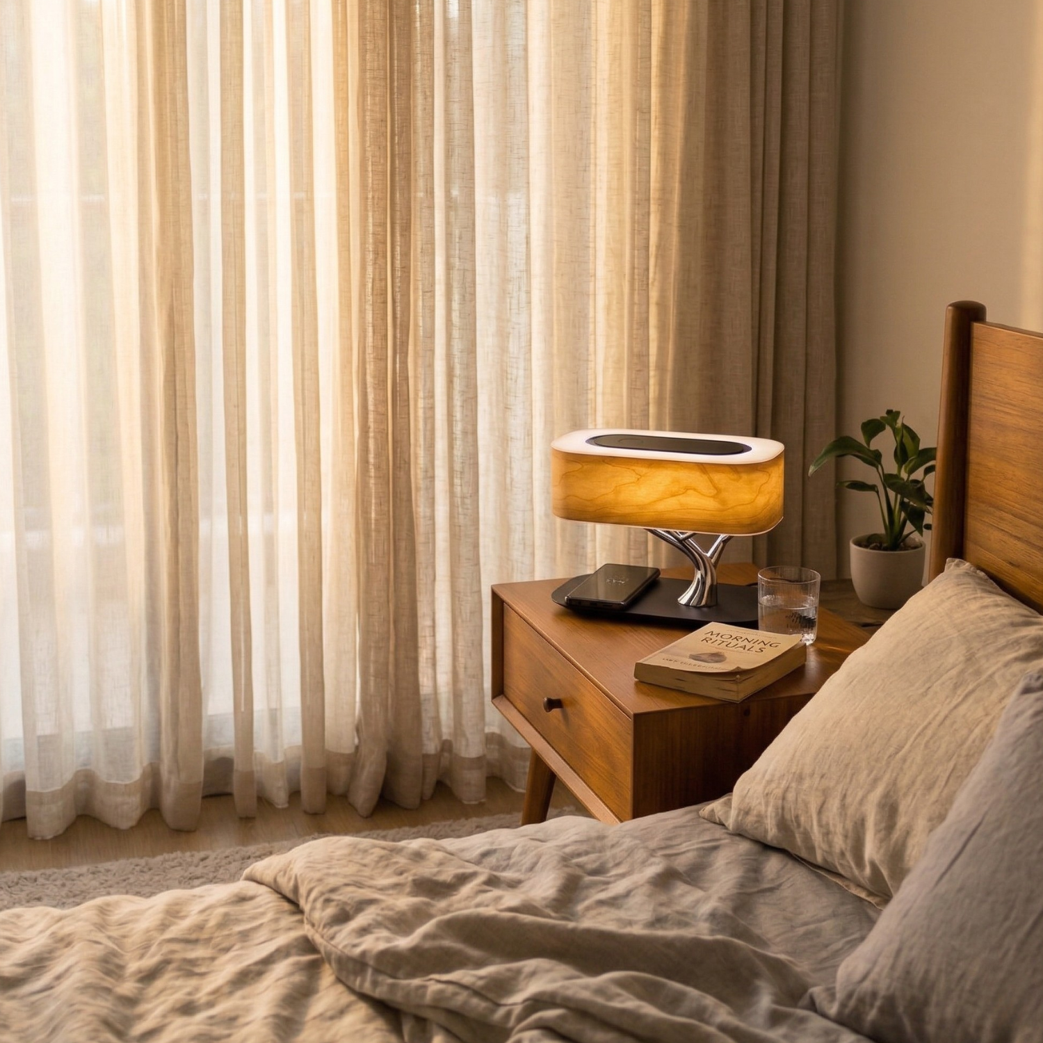 Natural wood veneer bedside lamp with phone on charging pad beside pillow