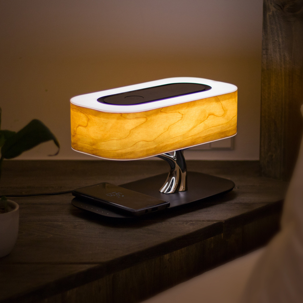 Wood veneer lamp with Qi charging pad and illuminated touch control panel