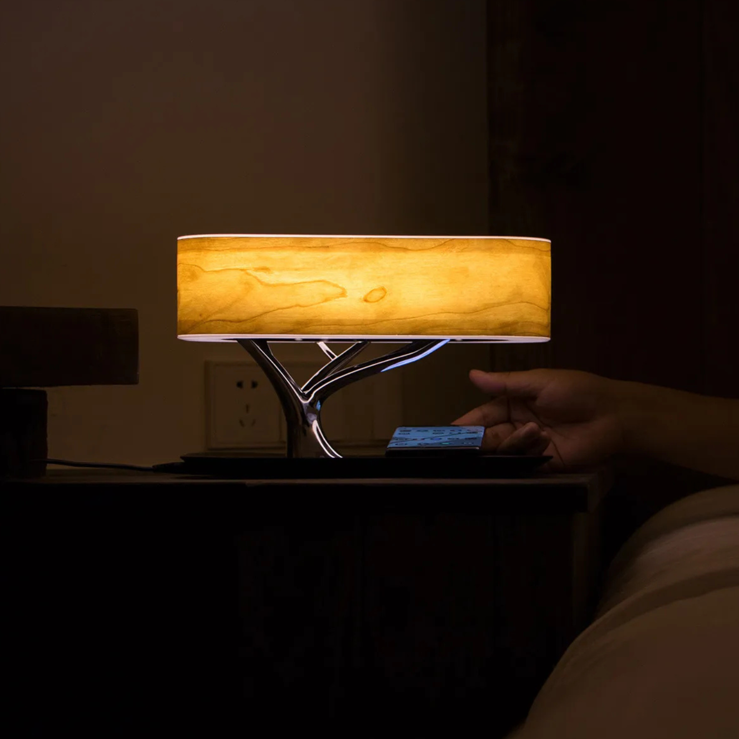 Bedside Lamp Bluetooth Speaker Wireless Charger 3-in-1 | Dimmable Touch LED Table Lamp | Natural Wood Veneer Nightstand Light