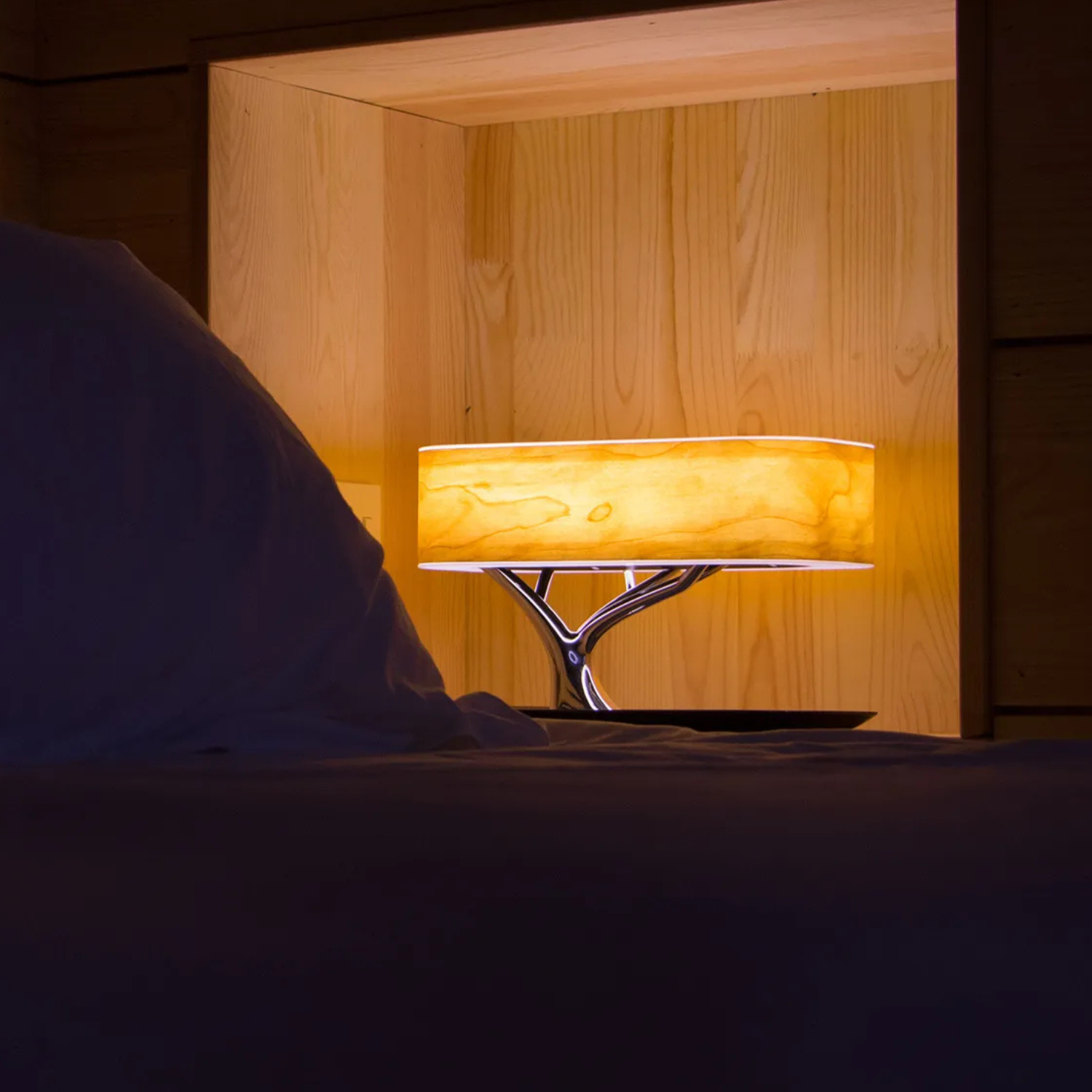 Bedside Lamp Bluetooth Speaker Wireless Charger 3-in-1 | Dimmable Touch LED Table Lamp | Natural Wood Veneer Nightstand Light