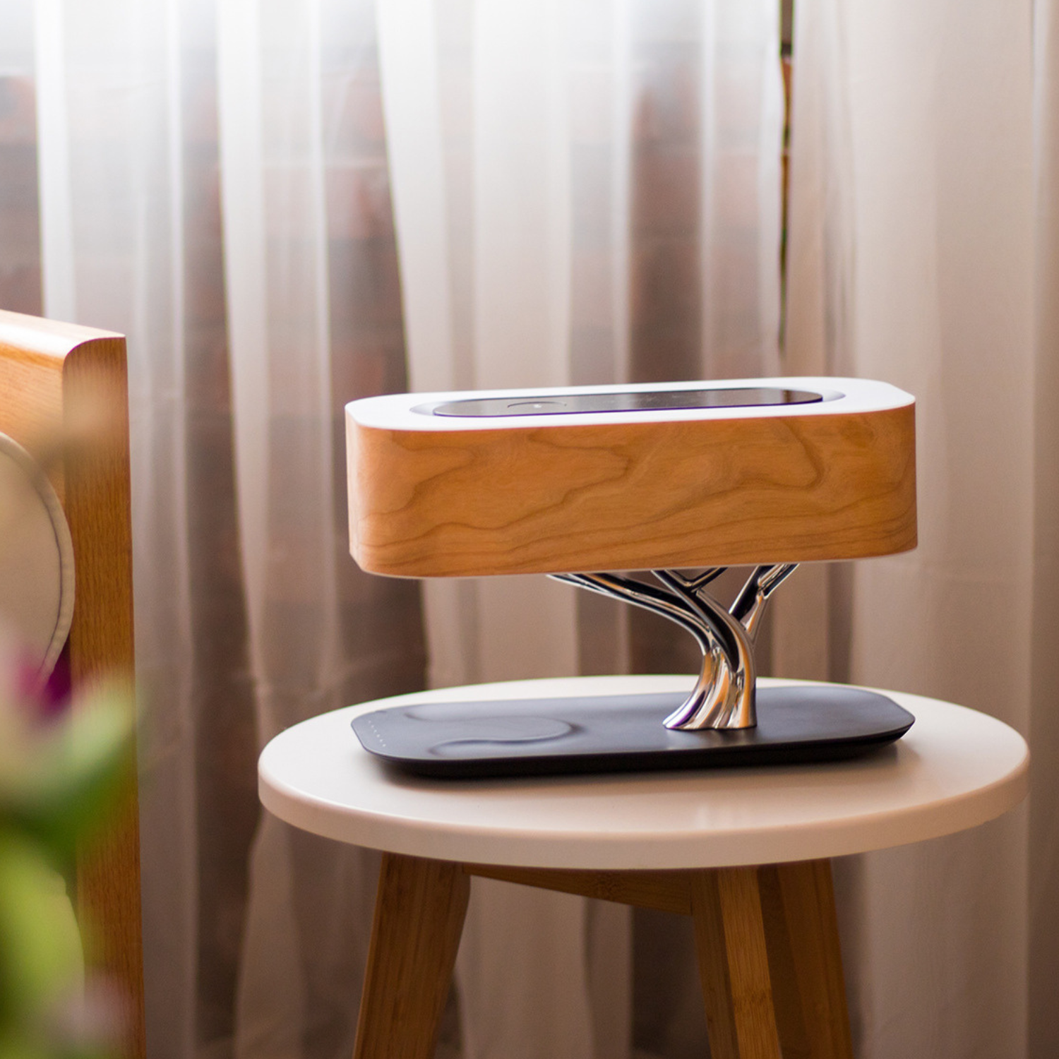 Bedside Lamp Bluetooth Speaker Wireless Charger 3-in-1 | Dimmable Touch LED Table Lamp | Natural Wood Veneer Nightstand Light