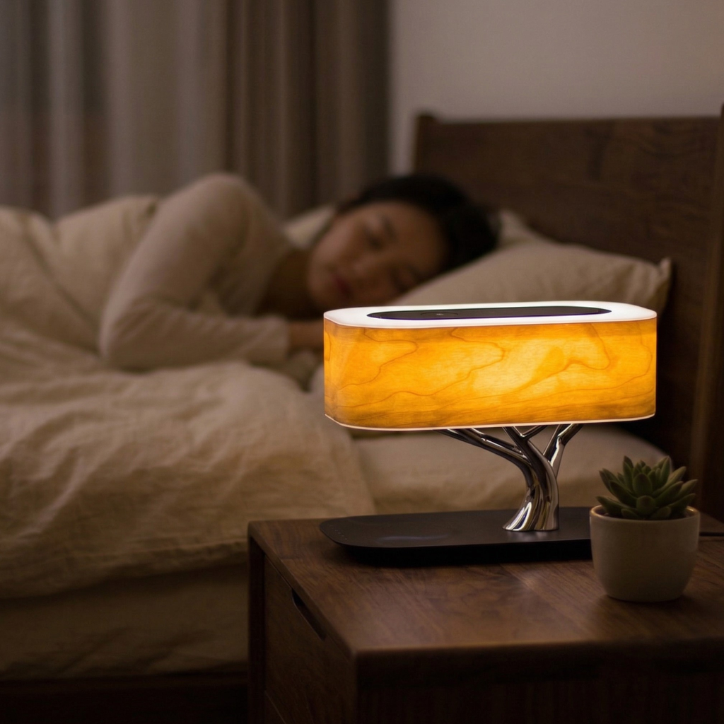 Wood-veneer bedside lamp with circular top controls and dimmable LED glow