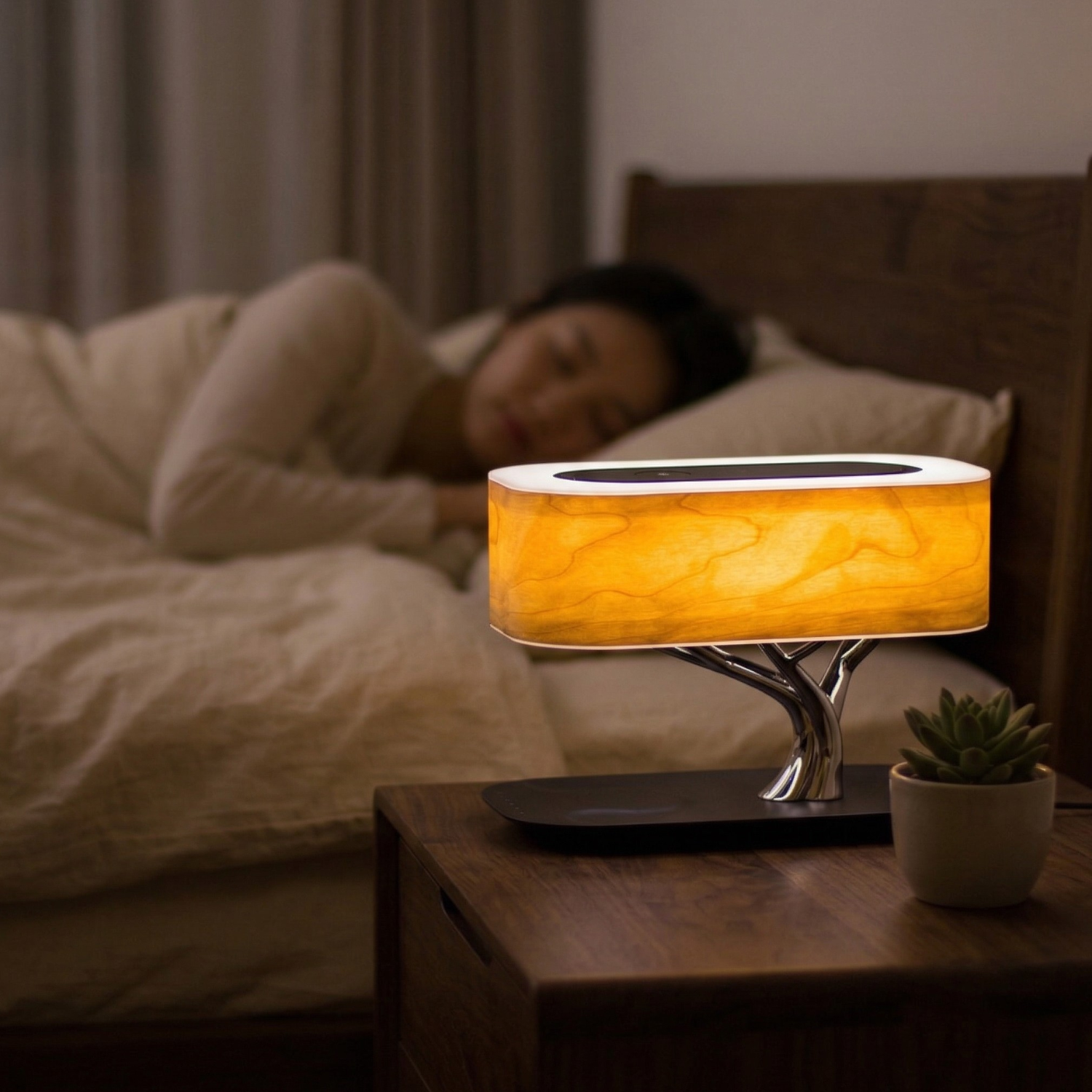 Bedside Lamp Bluetooth Speaker Wireless Charger 3-in-1 | Dimmable Touch LED Table Lamp | Natural Wood Veneer Nightstand Light