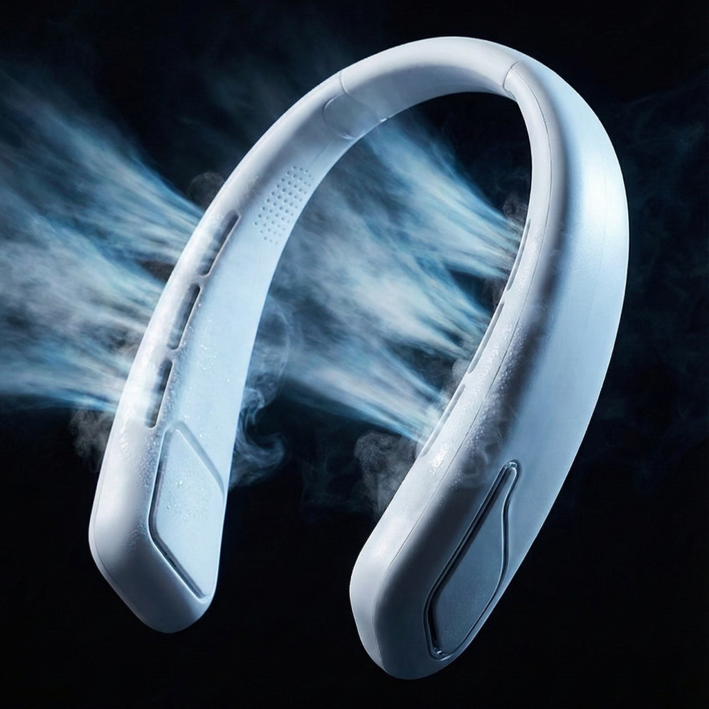 White bladeless neck fan with vented grille, U-shaped wearable design
