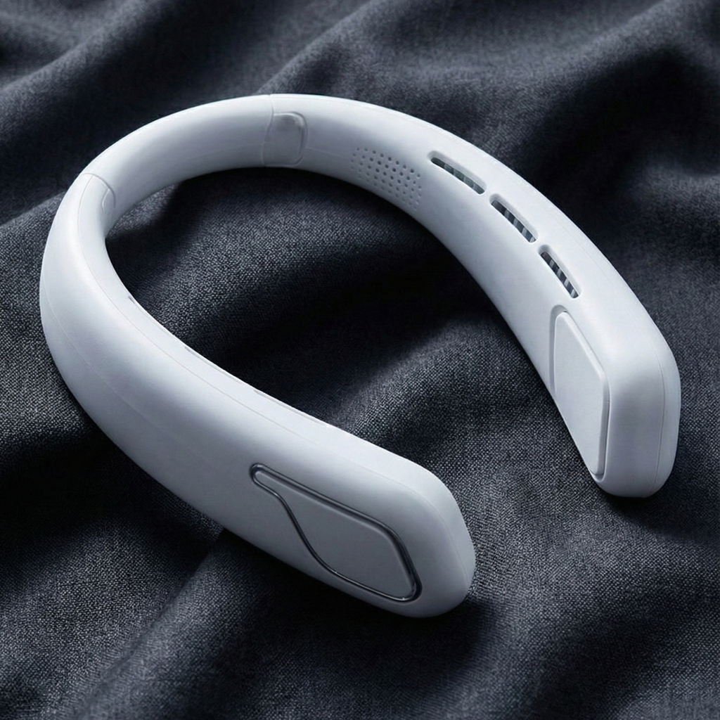 White neck fan with control button panel and airflow slots along the sides
