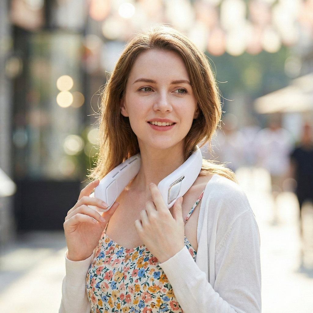 Woman holding a white bladeless neck fan near her shoulders