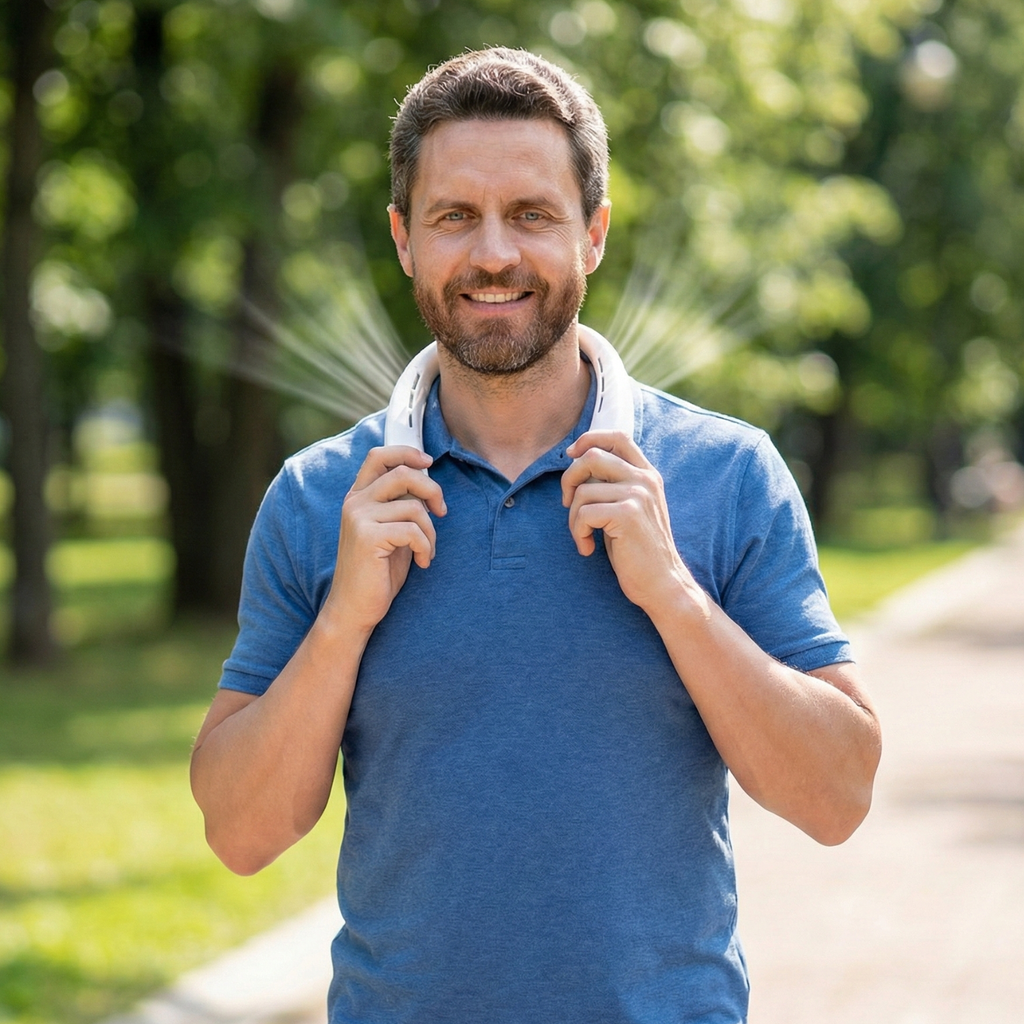 Man wearing a white bladeless neck fan hands-free around his neck