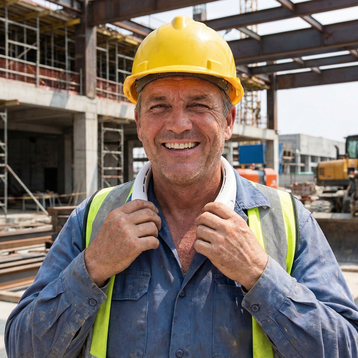 Worker wearing a white neck fan with helmet, hands-free cooling device