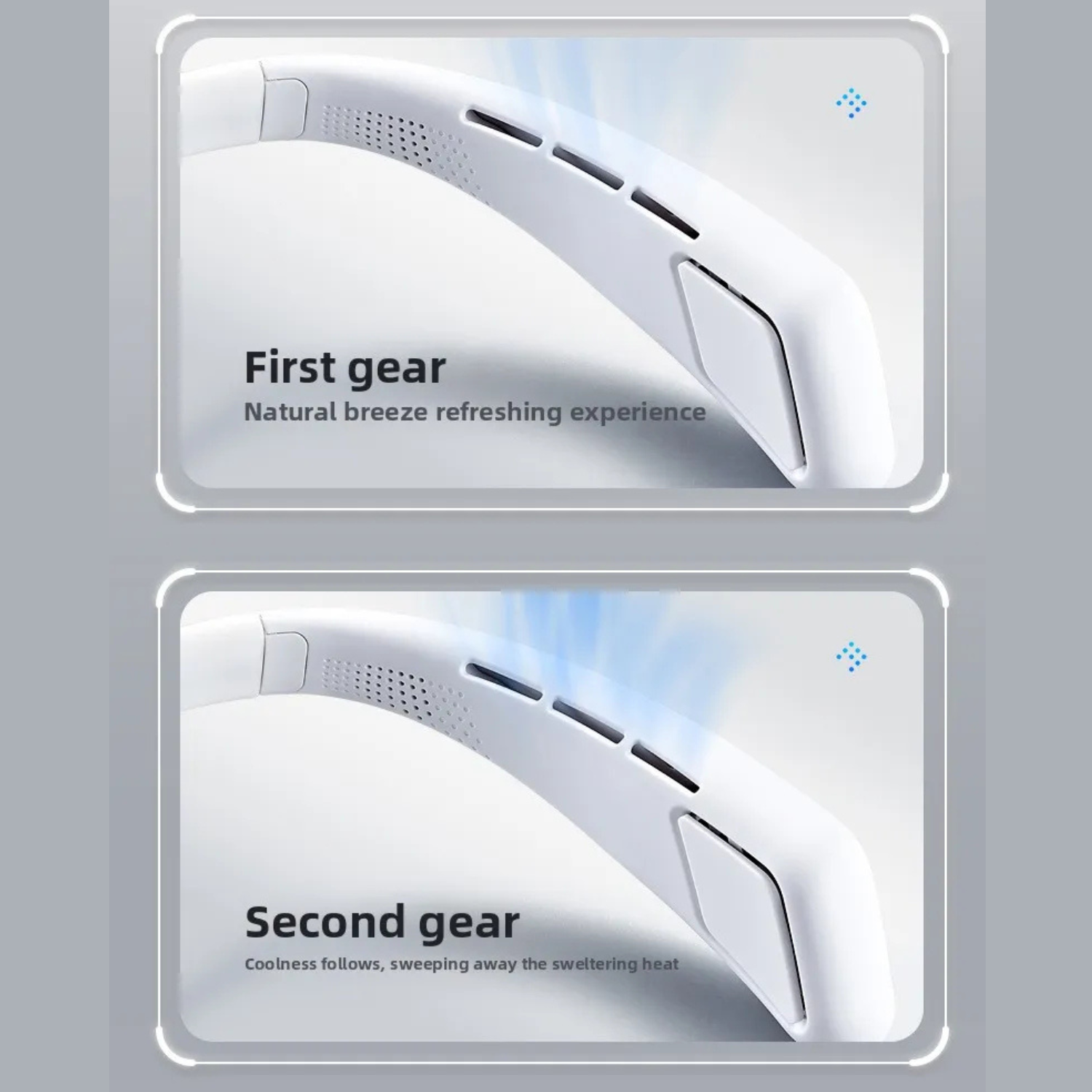 White neck fan on First gear mode, showing speed light and vent panel