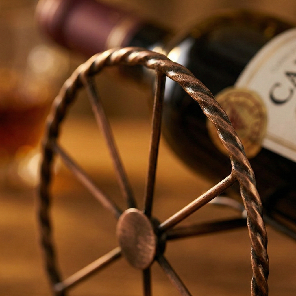 Close-up of bronze twisted metal wheel and cross bars on turret cannon bottle stand