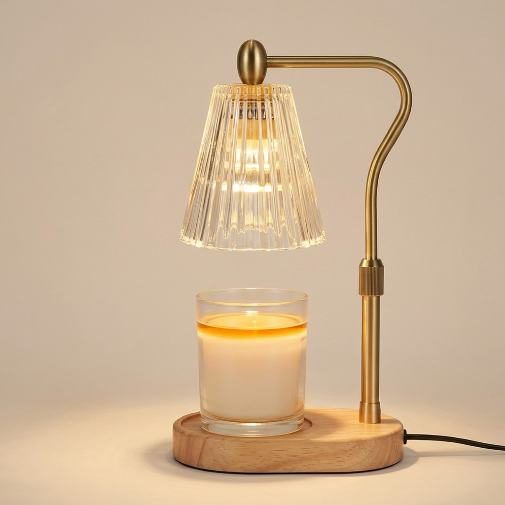 Wax warmer lamp with flared glass shade, gold arched stem, wooden base; candle jar