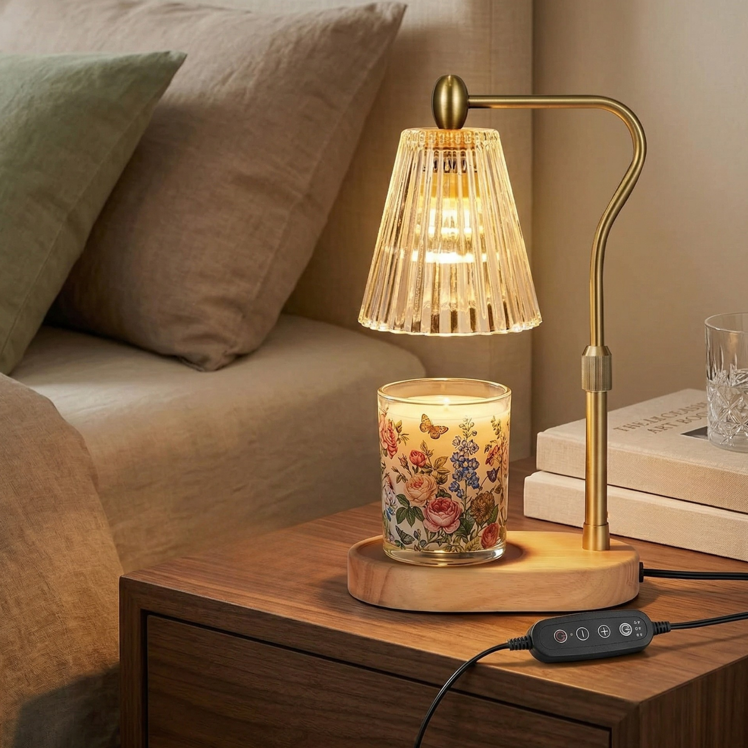 Candle Warmer Lamp Wax Melt Lamp with Timer & Dimmer Adjustable Height Aromatherapy Wax Melter Night Light Glass Shade Wooden Base Home Fragrance Lamp