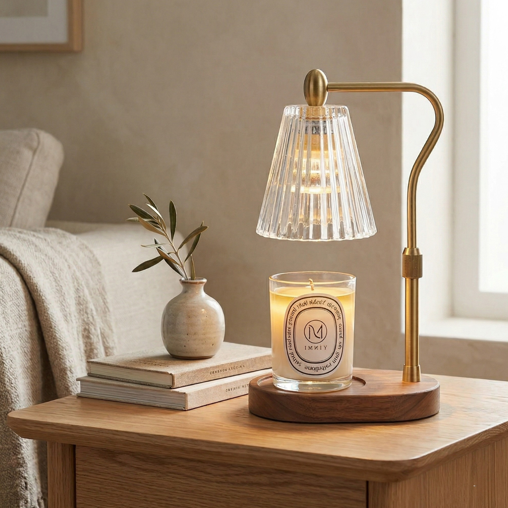 Wax warmer lamp with ribbed glass shade, gold stem, and wooden base; candle with logo