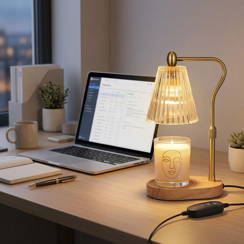 Wax warmer lamp with ribbed glass shade, gold curved stem, wooden base; warm-lit candle