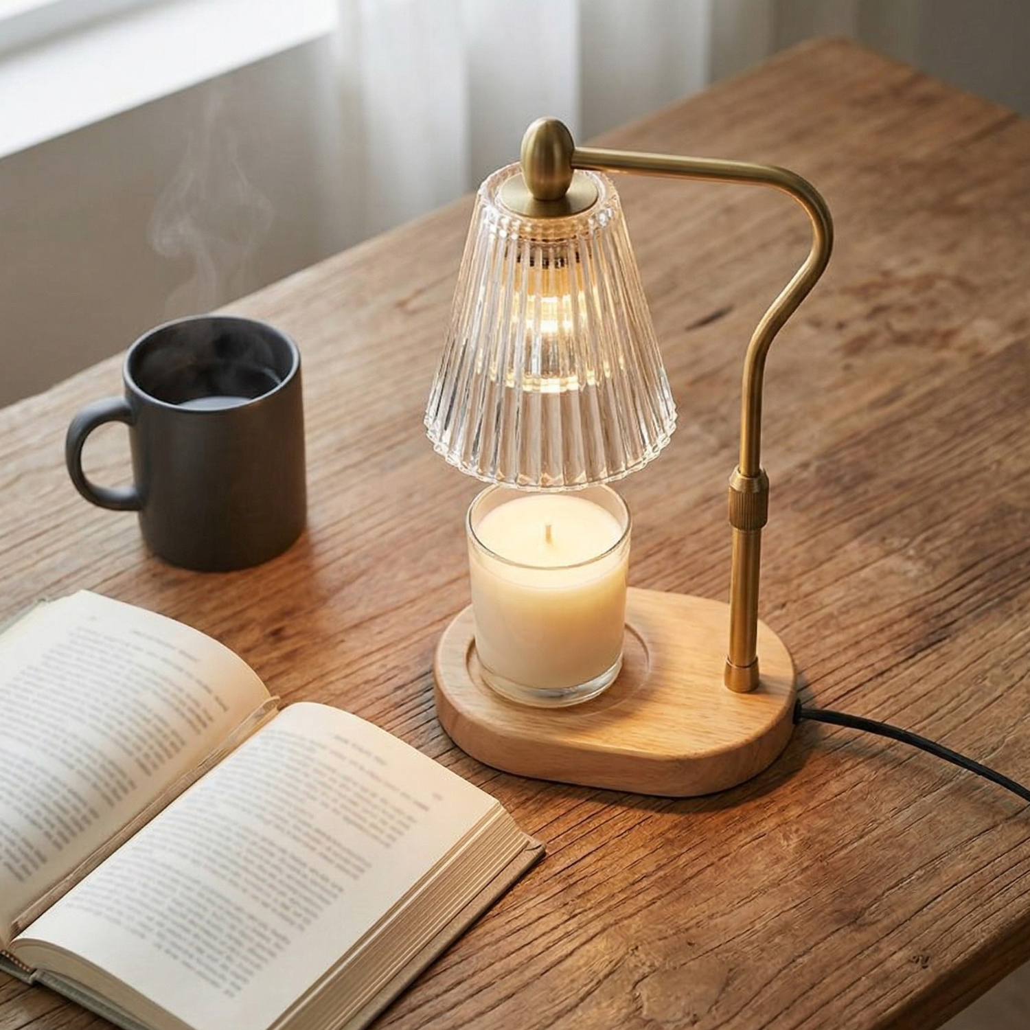 Candle Warmer Lamp Wax Melt Lamp with Timer & Dimmer Adjustable Height Aromatherapy Wax Melter Night Light Glass Shade Wooden Base Home Fragrance Lamp