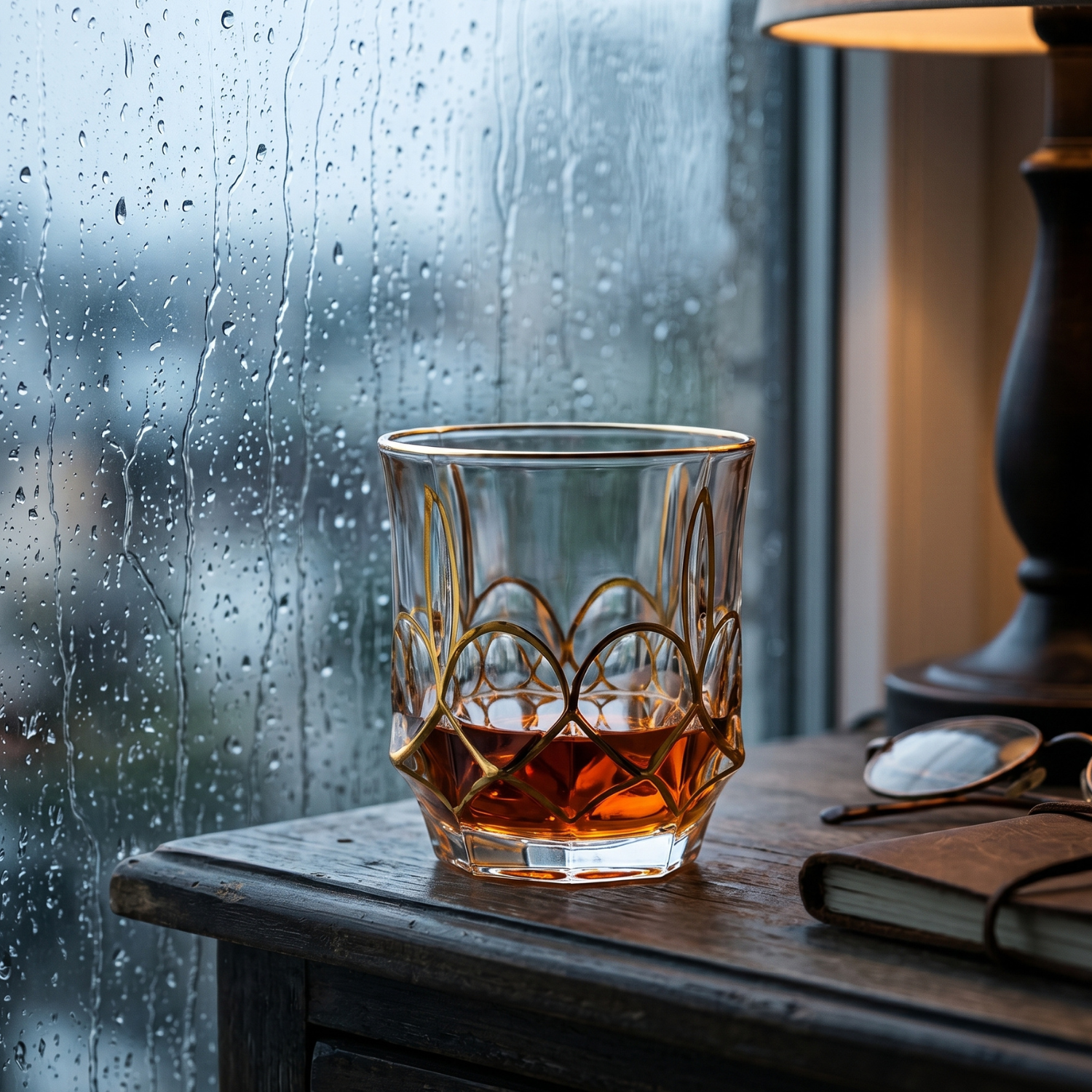 Single crystal whiskey tumbler with gold rim and heart-cut cutwork design