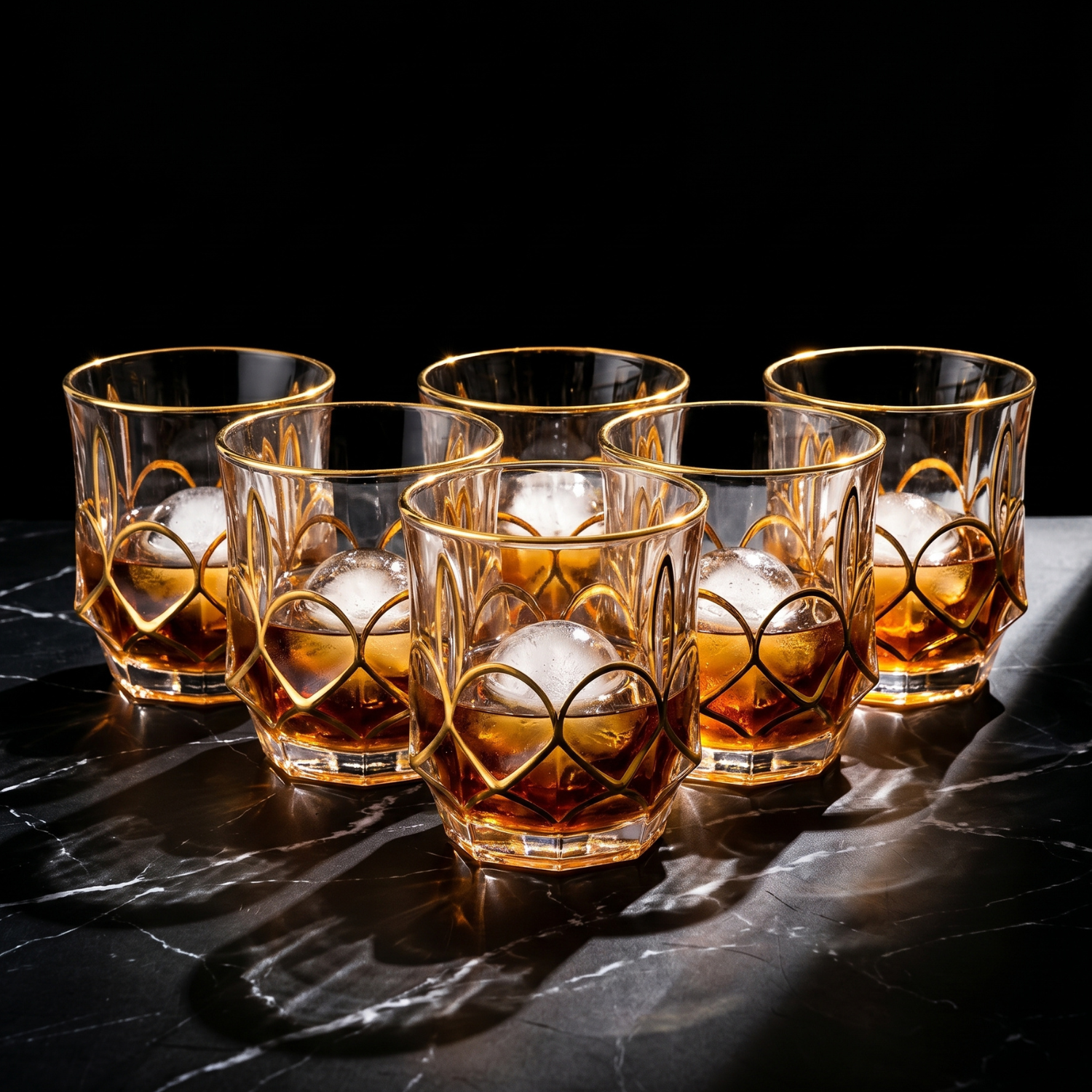 Set of gold-rimmed crystal whiskey tumblers with heart-cut design, 300 ml
