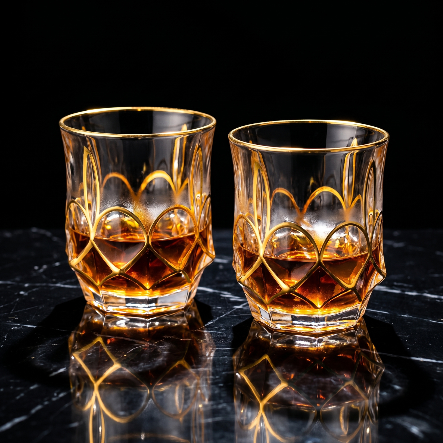 Whiskey glass tumbler, gold rim, heart-cut crystal pattern, 300 ml