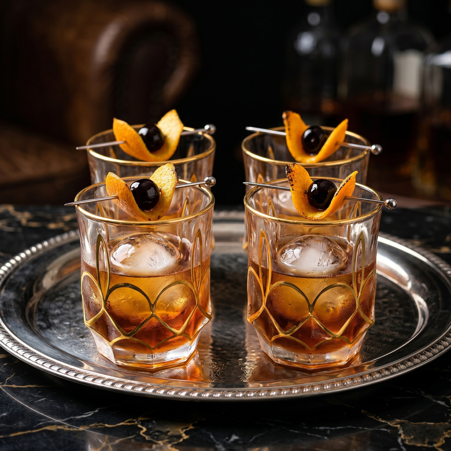 Crystal whiskey tumbler with gold rim, heart-cut design, ice and fruit garnish