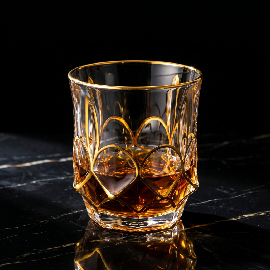 Gold-rimmed crystal tumbler with heart-cut pattern, 300 ml whiskey glass