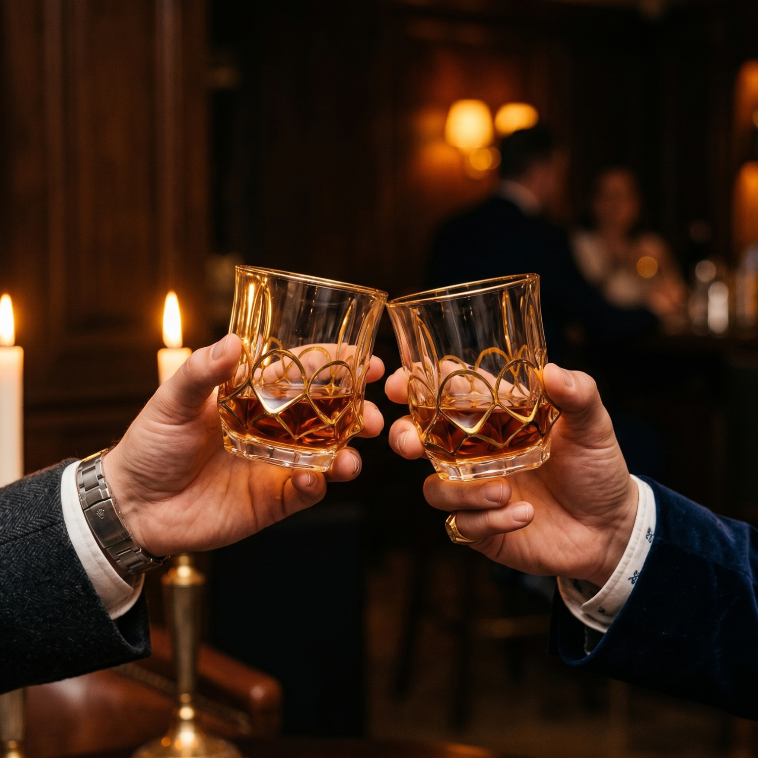 Two hands holding gold-rimmed crystal whiskey tumblers with heart-cut design