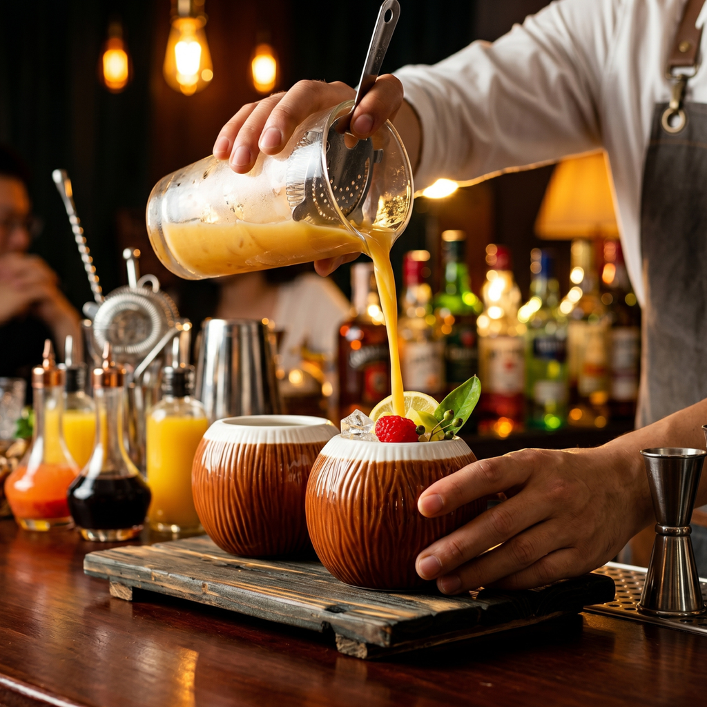 Coconut Tiki mug, 520ml ceramic cup with fruit garnish while drink is poured