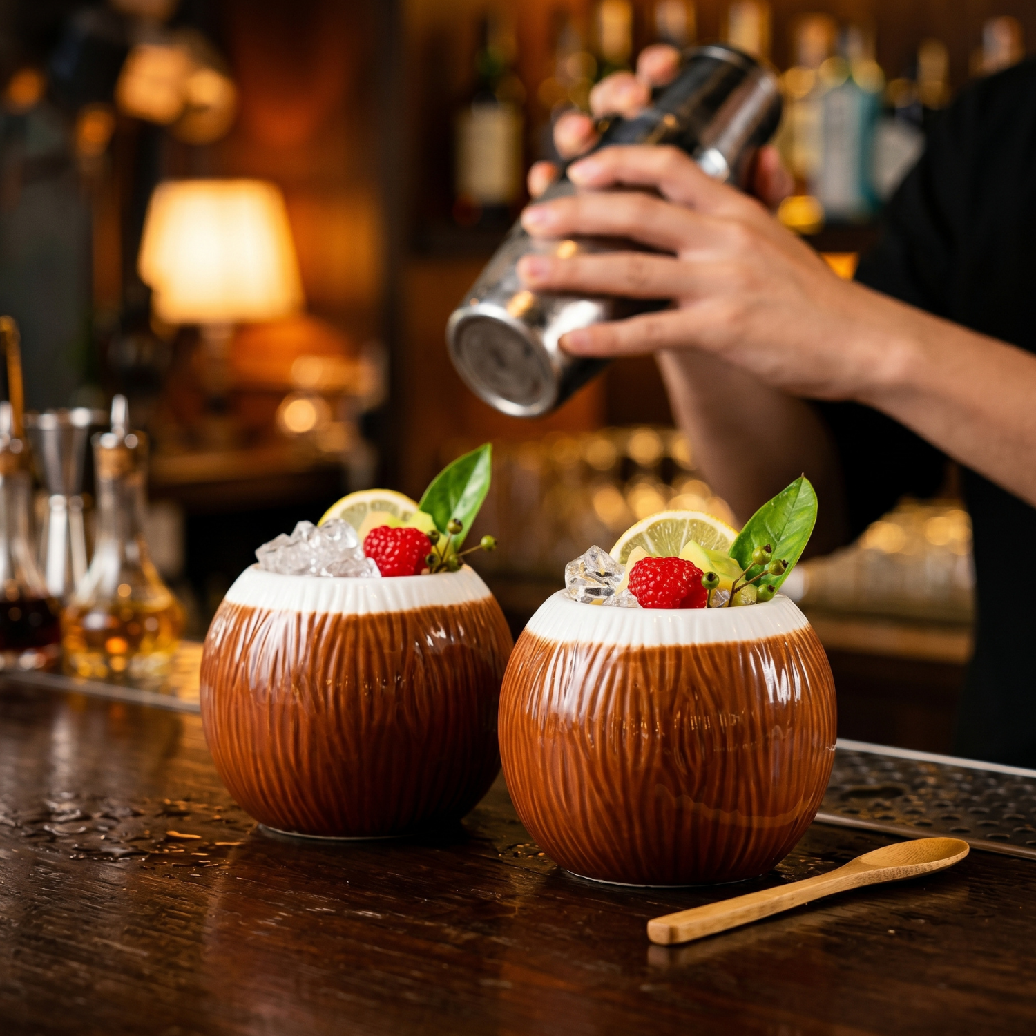 Two Coconut Tiki mugs, 520ml ceramic cups with fruit garnish and ice
