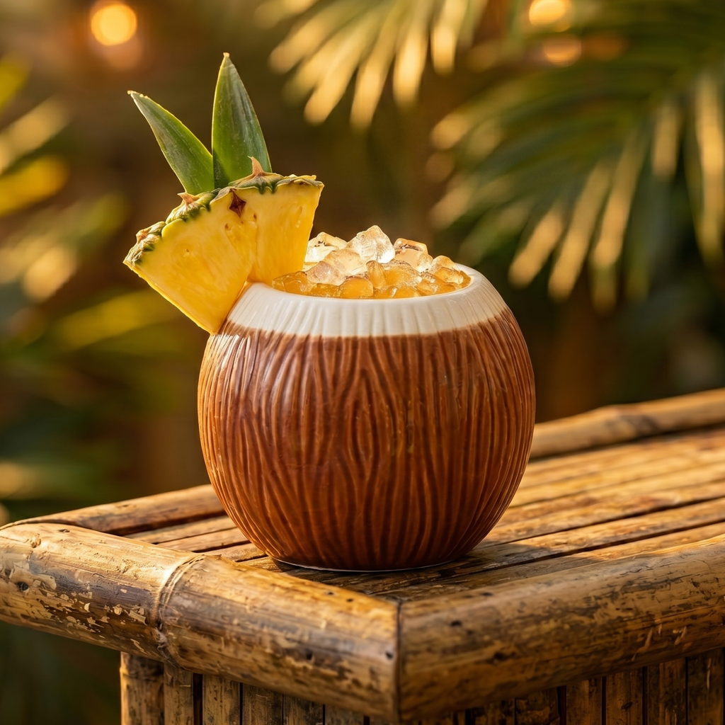 Coconut Tiki mug, 520ml ceramic cup with pineapple wedge and crushed ice