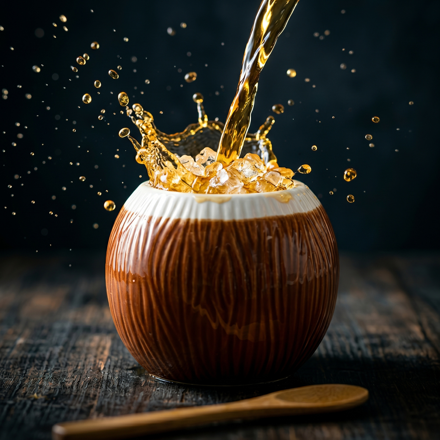 Coconut Tiki mug, 520ml ceramic cup with golden drink splash over ice