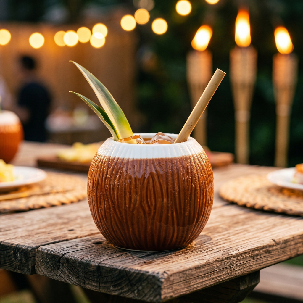 Coconut Tiki mug, 520ml ceramic cup with green leaf garnish and ice