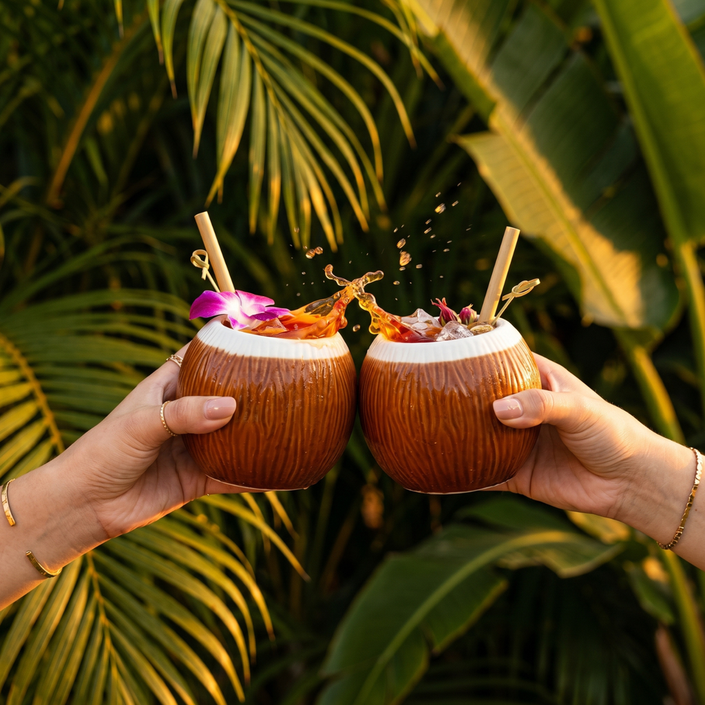 Two Coconut Tiki mugs, 520ml ceramic cups with orchid garnish and ice