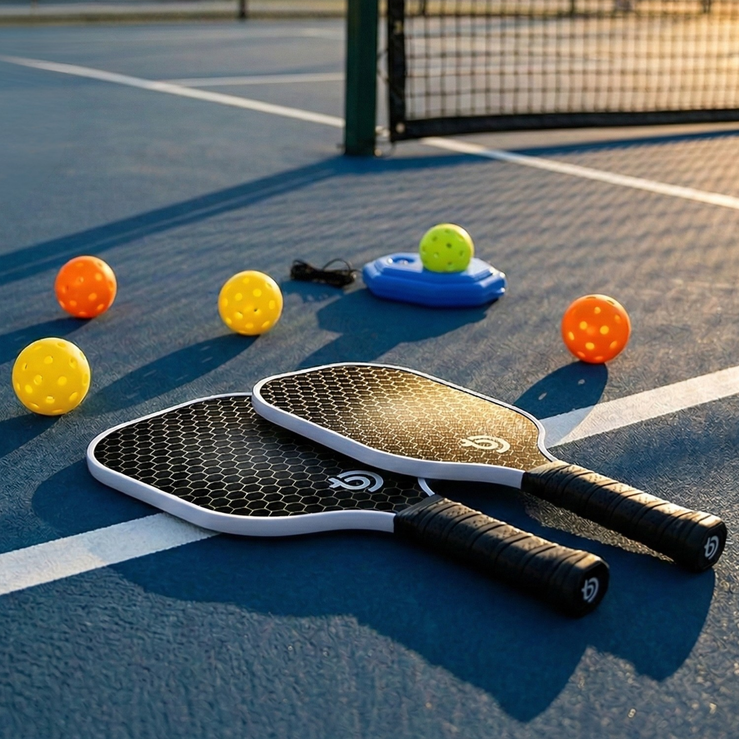 Complete Pickleball Paddle Set – 2 Lightweight Fiberglass Paddles with Honeycomb Core, 4 Outdoor Balls, Trainer & Carry Bag Bundle