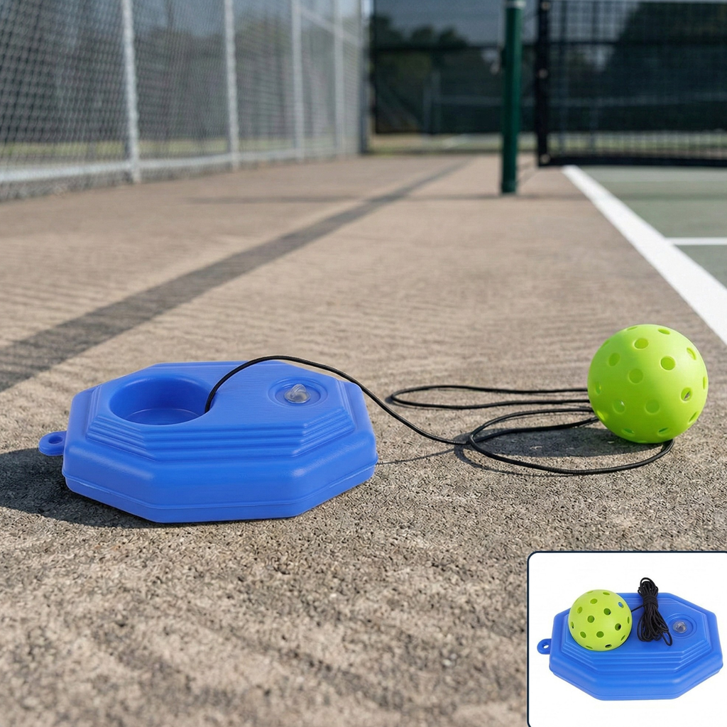 Blue ball trainer base with green pickleball and black cord on an outdoor court