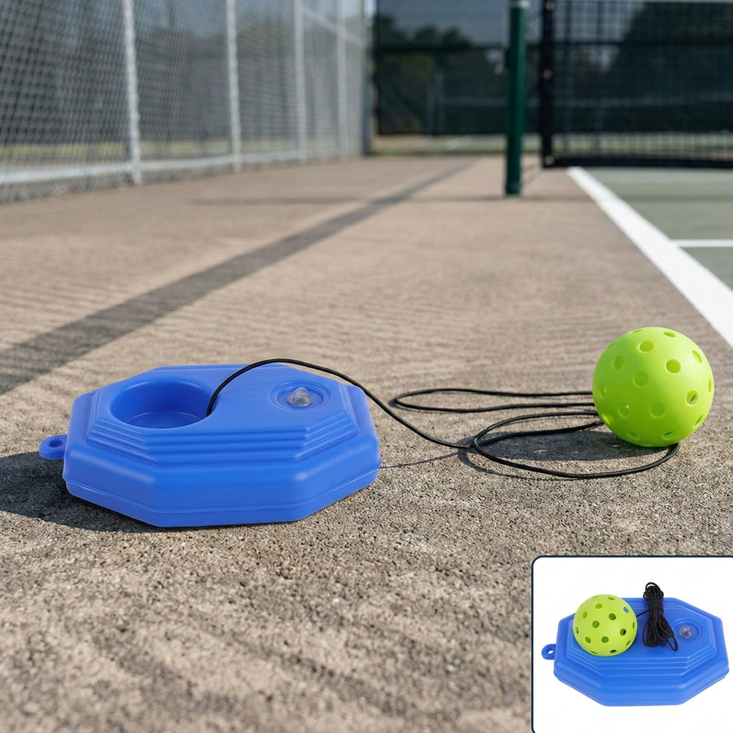 Blue ball trainer base with green pickleball and black cord on an outdoor court