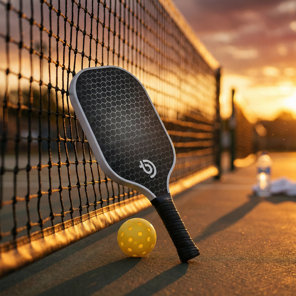 Black pickleball paddle beside chain-link net with a yellow ball on an outdoor court