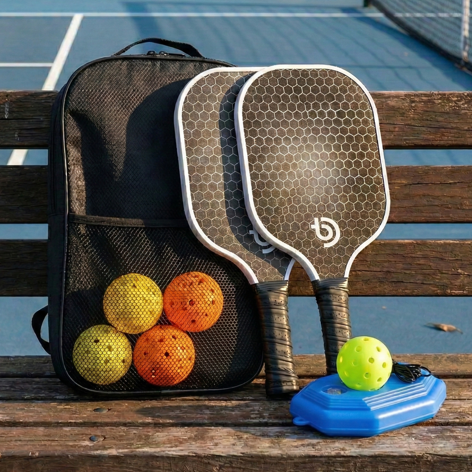 Complete Pickleball Paddle Set – 2 Lightweight Fiberglass Paddles with Honeycomb Core, 4 Outdoor Balls, Trainer & Carry Bag Bundle